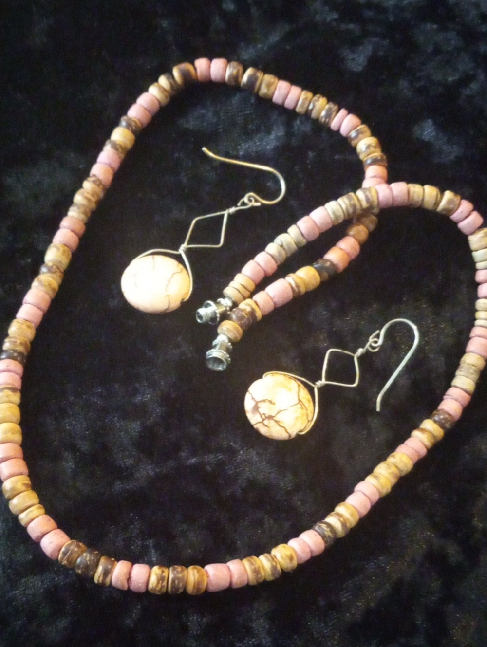 Vintage Pink and Tan Beaded Necklace with Matching Earrings